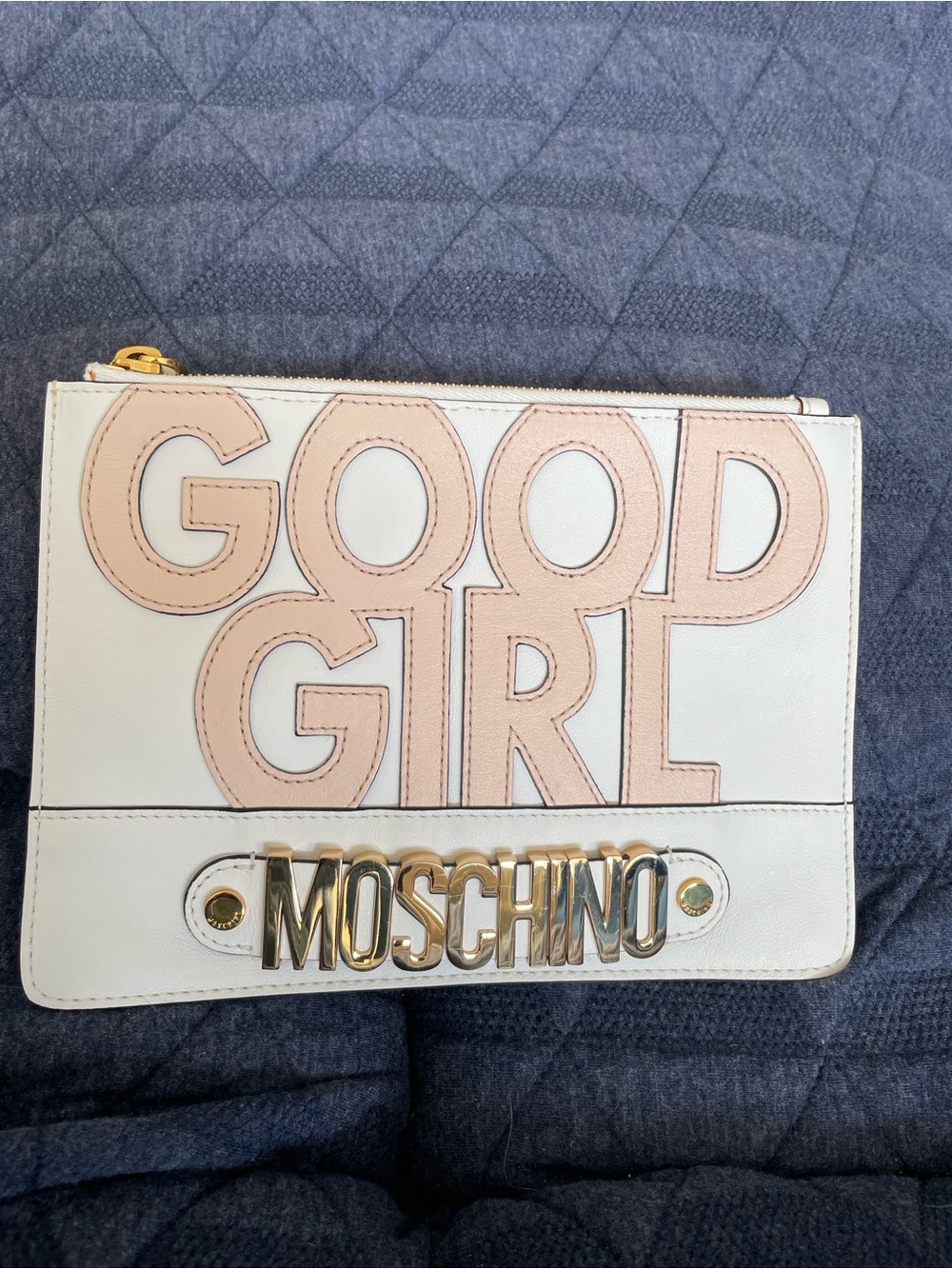 Moschino White Leather Clutch with Pink Appliqué and Gold Logo